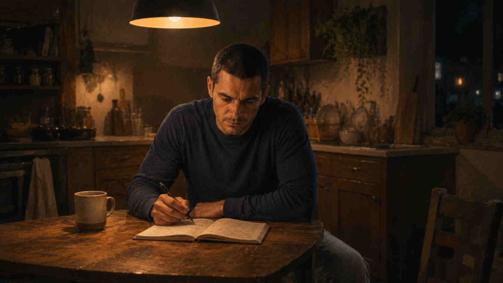 Marcus filling out a nightly brain dump workbook at his kitchen table late at night