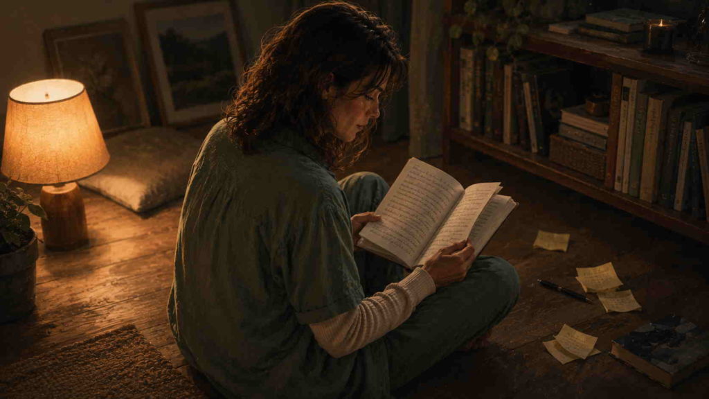 Claire reviewing her completed journal entries — a nightly brain dump to stop racing mind at night
