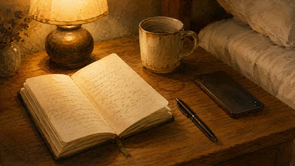 Bedside notebook and tea as part of a mental offload to wind down at night