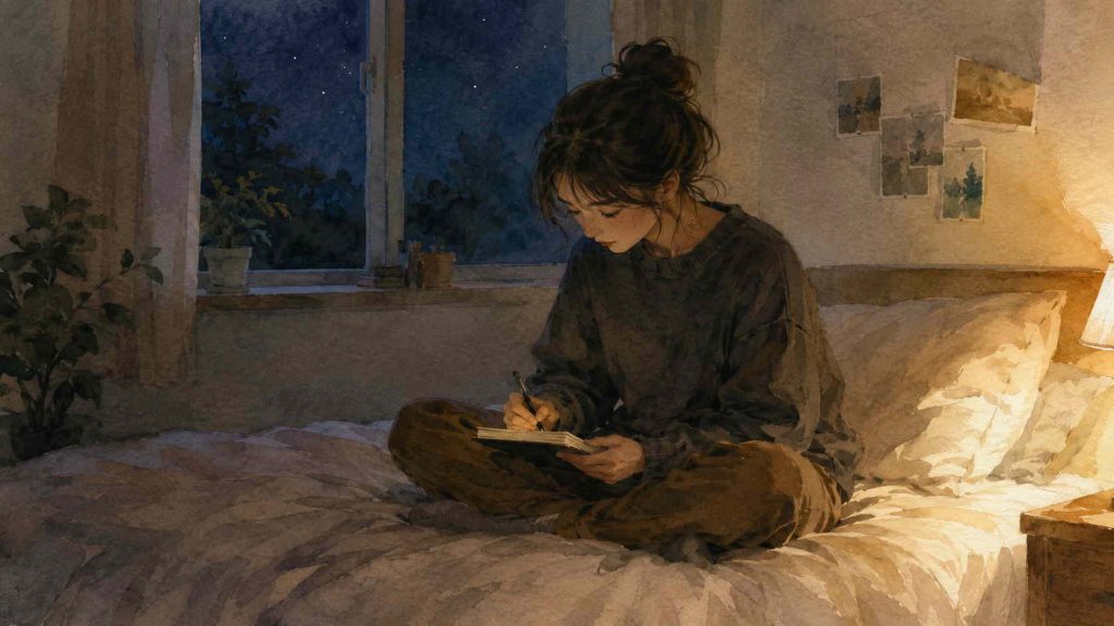 Person with dark hair sits cross‑legged on a bed, writing in a notebook by warm lamplight.