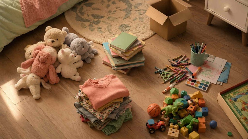 Five category piles on a bedroom floor — a practical method for how to declutter your room