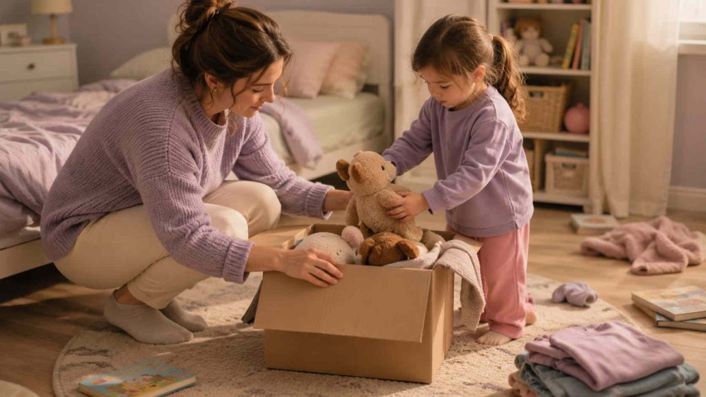 A parent and child packing a donation box together during a bedroom declutter session