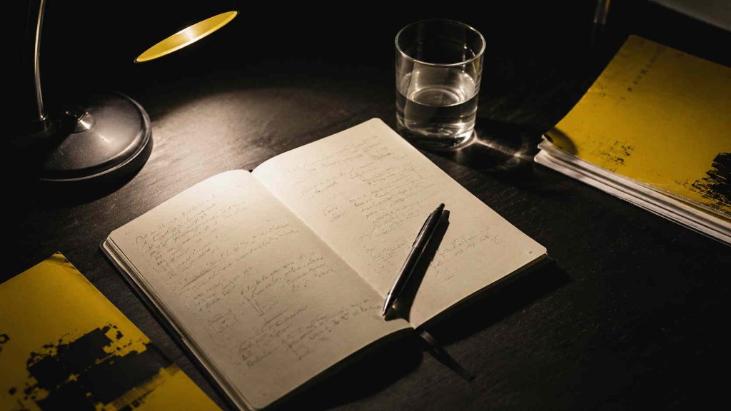 Overhead view of a notebook and pen on a desk at night as part of learning how to stop overthinking at night