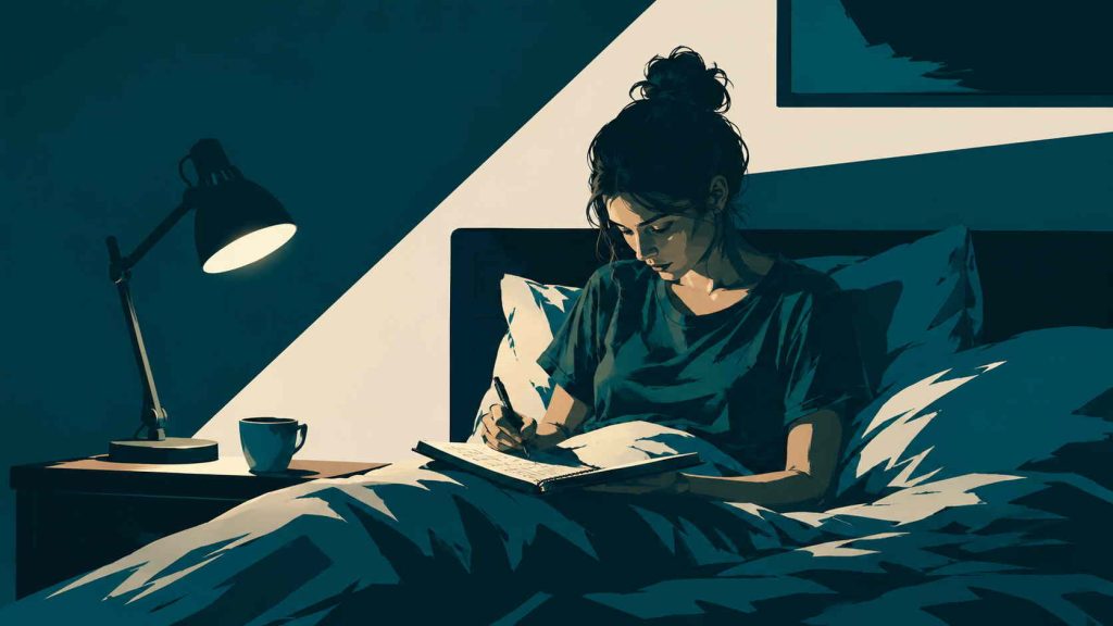 Person writing in a journal in bed at night to quiet racing thoughts at bedtime