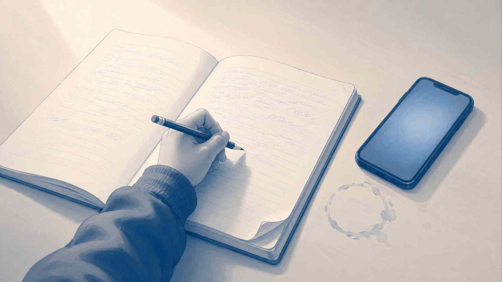 Child's hand over workbook beside glowing phone screen — the choice at the heart of AI homework cheating