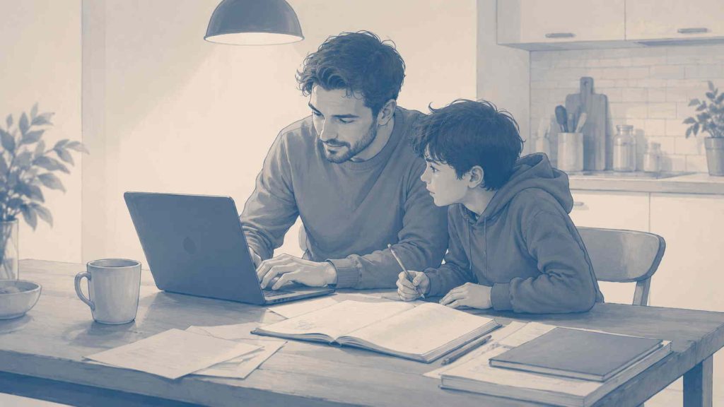 Parent and child sitting together using AI responsibly as a homework thinking tool