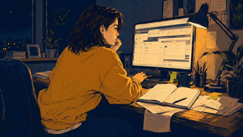 Aspiring first-time solopreneur overwhelmed by browser tabs late at night illustrating perfectionism and procrastination before you launch your side hustle