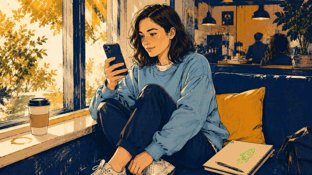 Woman smiling at phone in a café after shipping her minimum viable offer and choosing to launch her side hustle