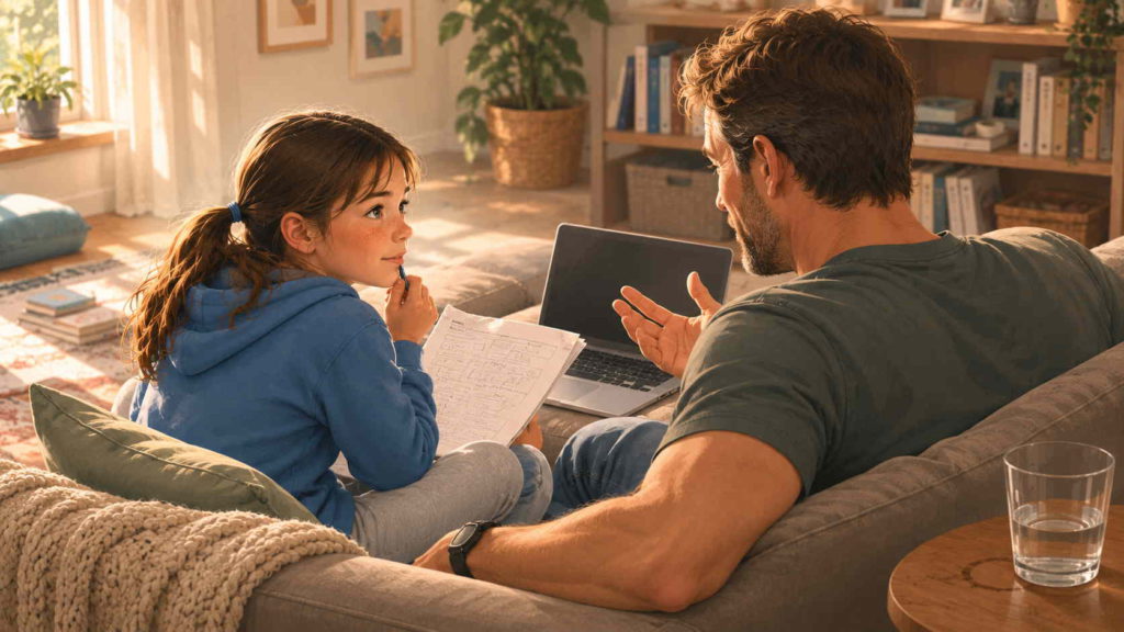 Father using AI homework help with daughter, asking guiding questions instead of giving answers, on a living-room sofa