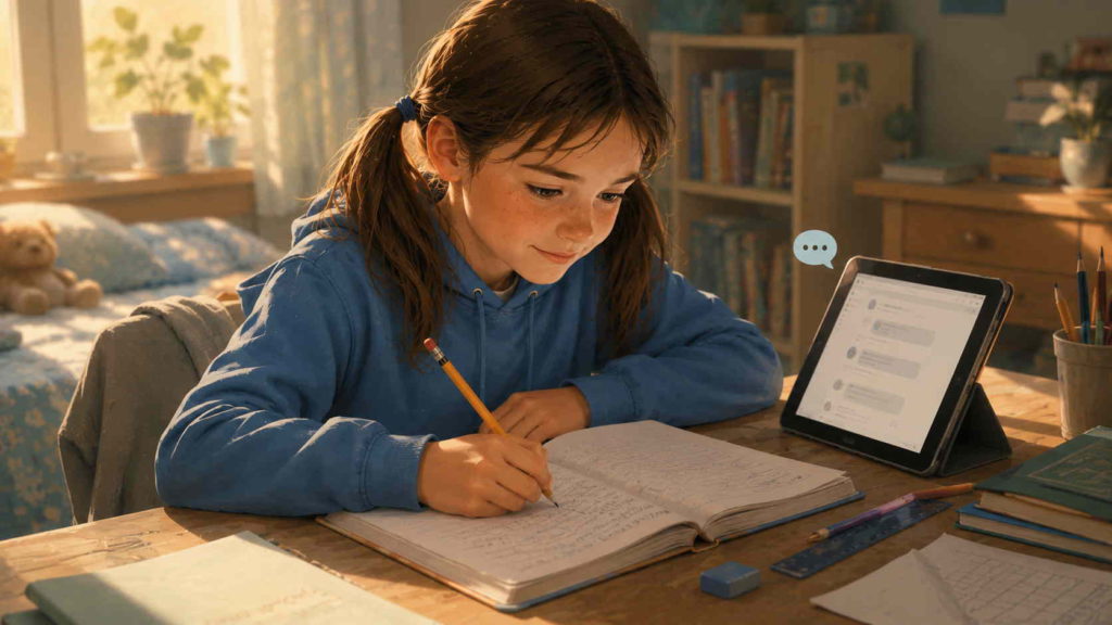 Young girl working through a homework worksheet at her desk beside a tablet showing a chat interface