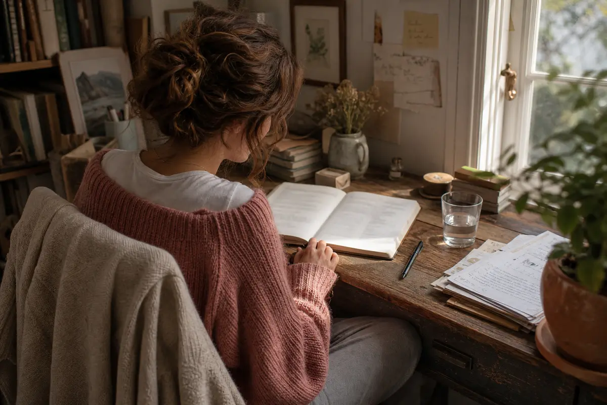 woman writing in self care journal at a home desk with afternoon light, illustrating self care journal blank page anxiety