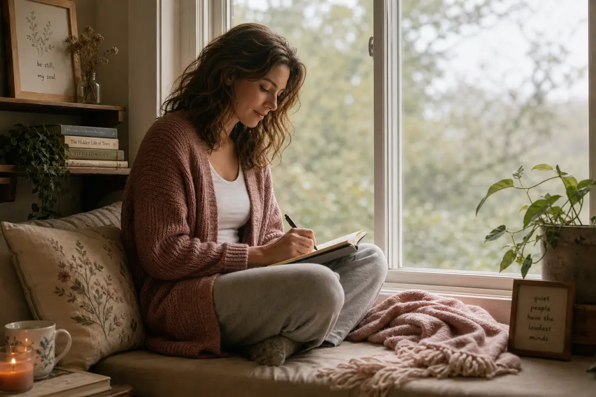 woman sitting on a window seat writing in a structured journal with natural daylight