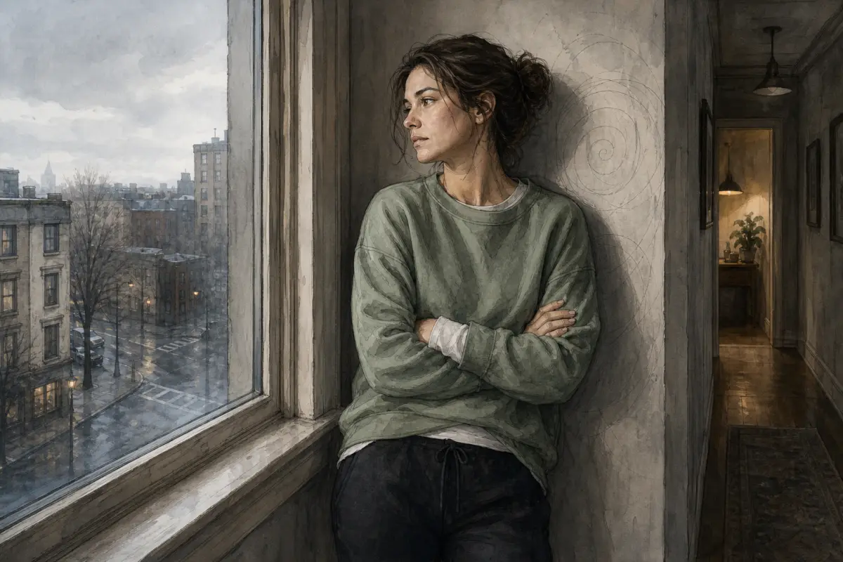Mara standing at a dim hallway window early in the morning, looking out as she tries to stop overthinking spirals