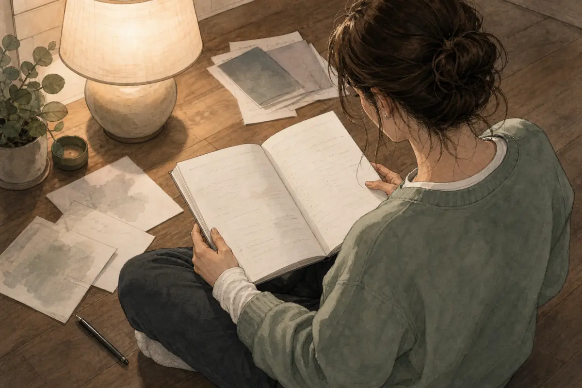 Woman seated on a wooden floor writing in an open anxiety workbook by lamplight, working through somatic check-in exercises